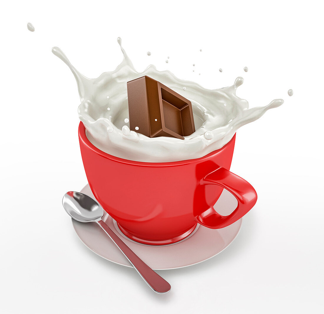 Chocolate cube splashing into mug of milk, illustration