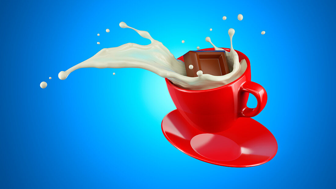 Chocolate cube splashing into cup of milk, illustration