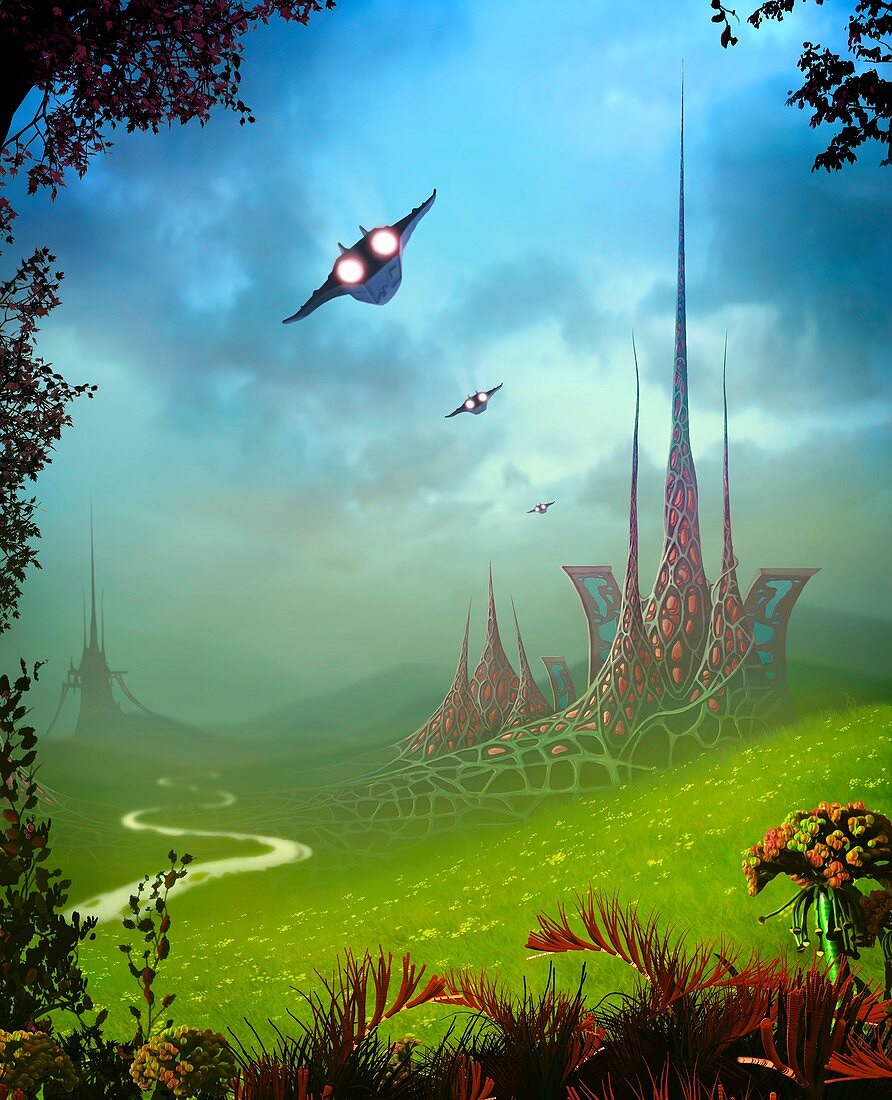 Alien city on a extrasolar planet, illustration