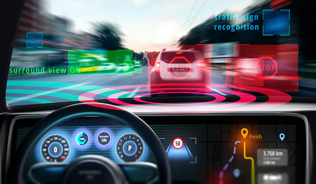 Cockpit of self-driving car, illustration