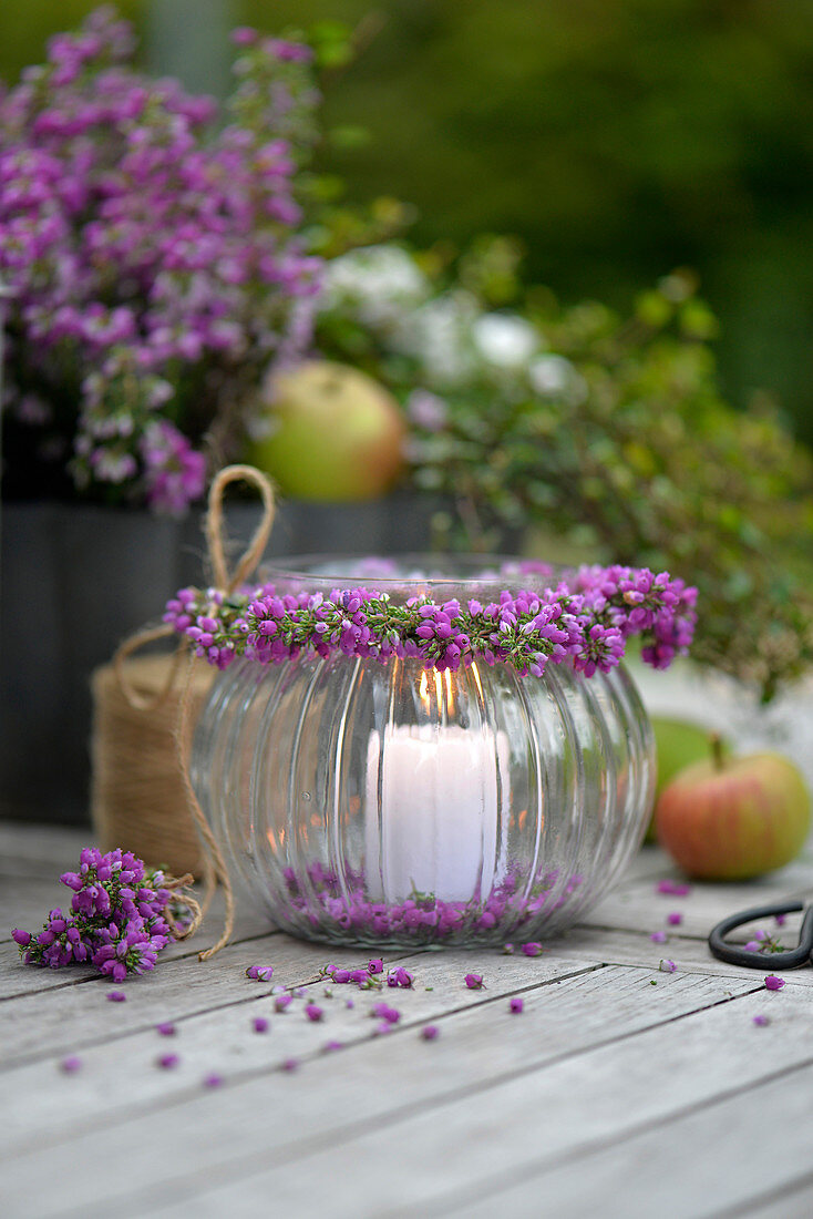 Candle lantern with heather wreath