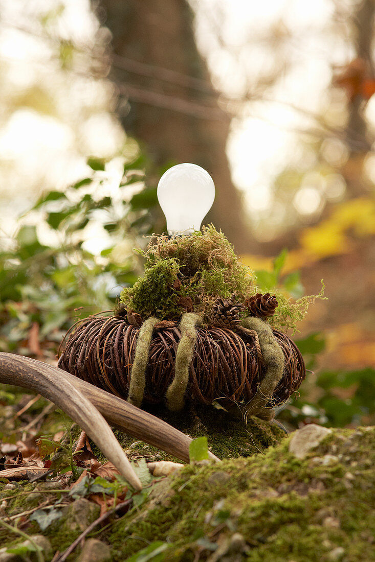 Lantern hand-made from wicker wreath, moss and light bulb