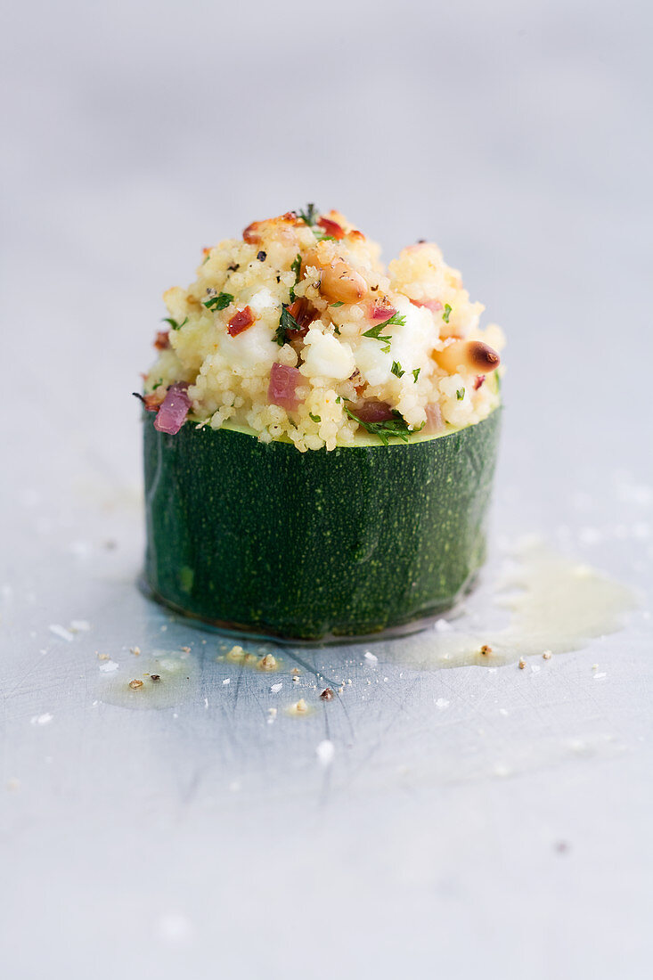A stuffed courgette filled with rice and bacon