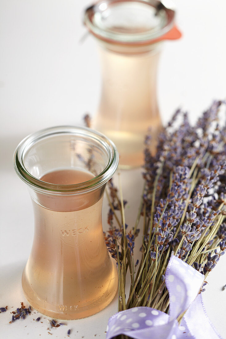 Homemade lavender syrup with dried lavender flowers