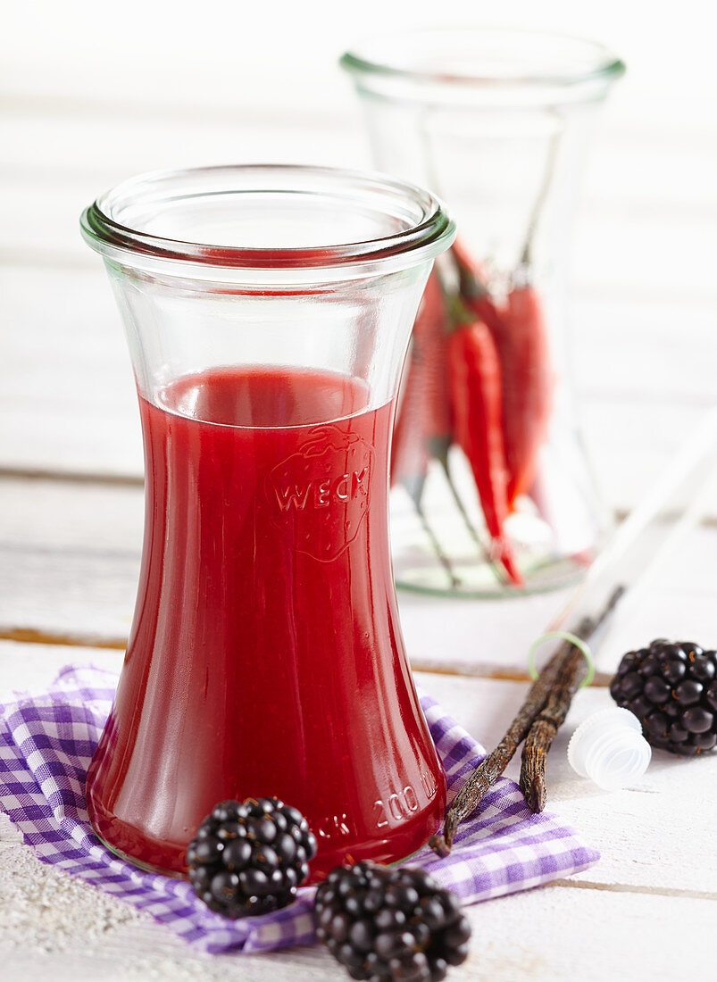 Homemade blackberry syrup with chilli and vanilla