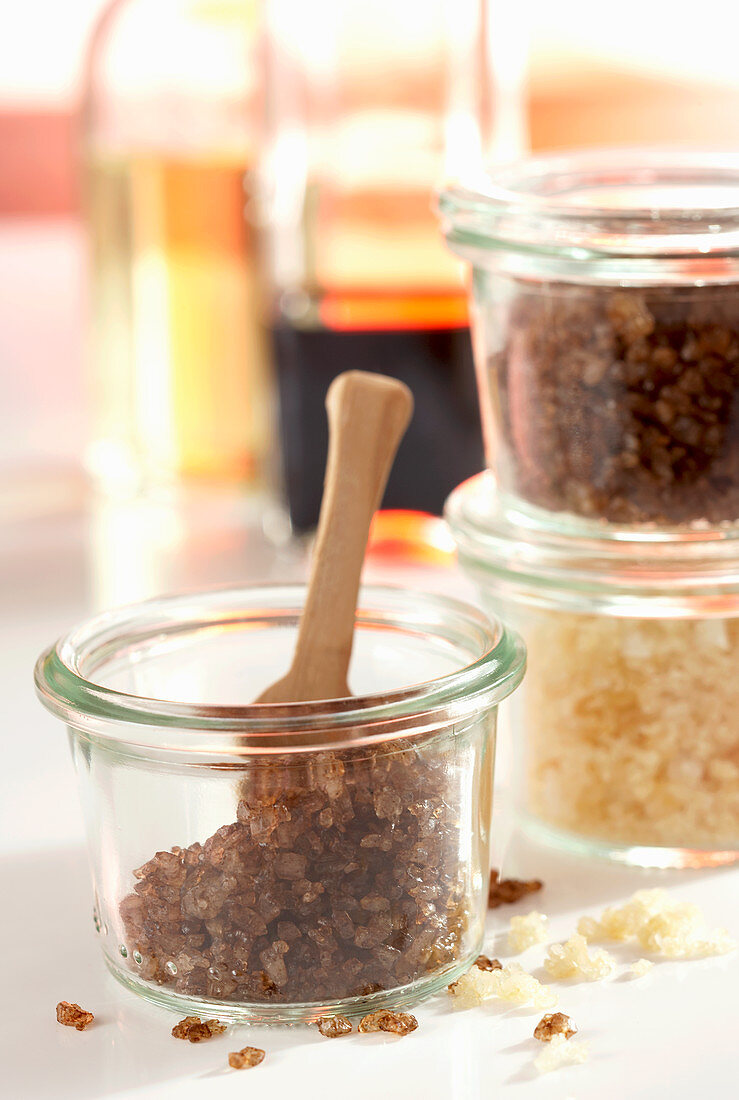 Homemade light and dark balsamic salt in preserving jars