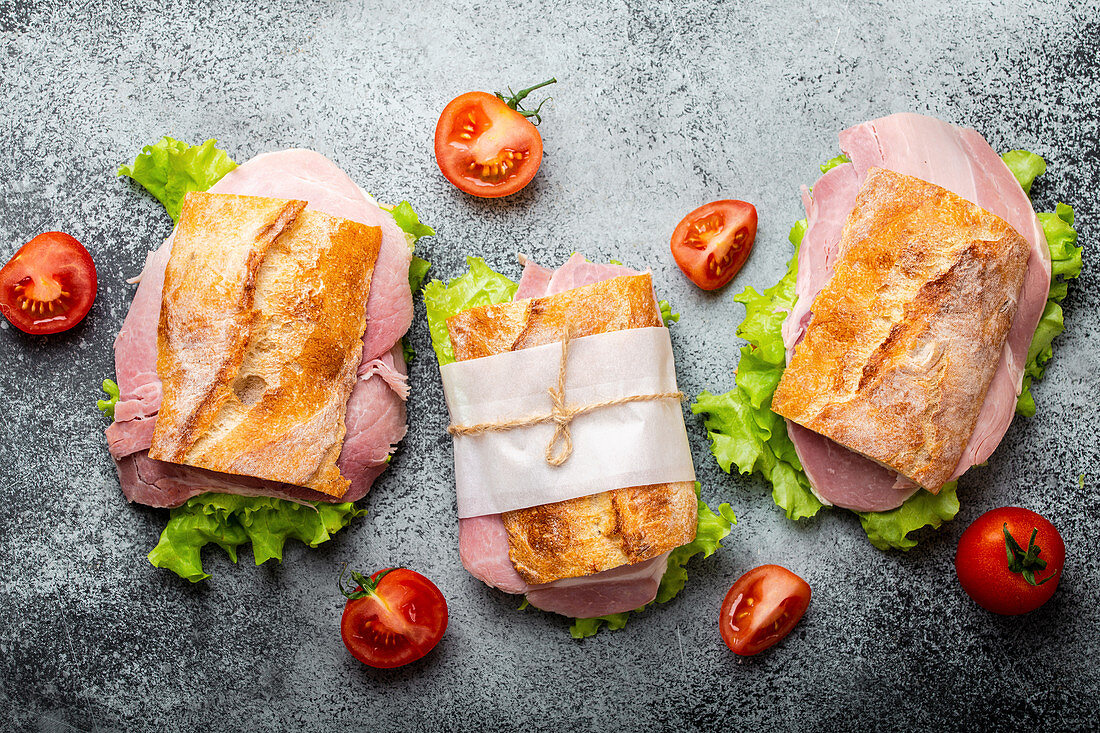 Fresh ciabatta sandwiches with ham, cheese, lettuce, tomatoes on stone concrete background