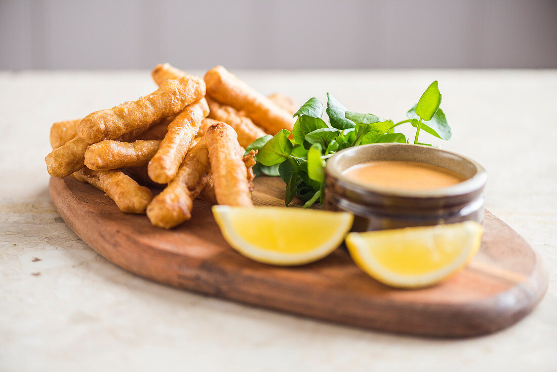 Fried black salsify with a dip