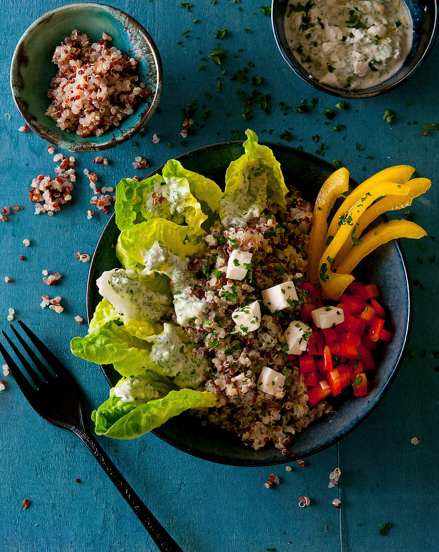Quinoa-Bowl mit Blattsalat, Paprika, Feta und Joghurtdip