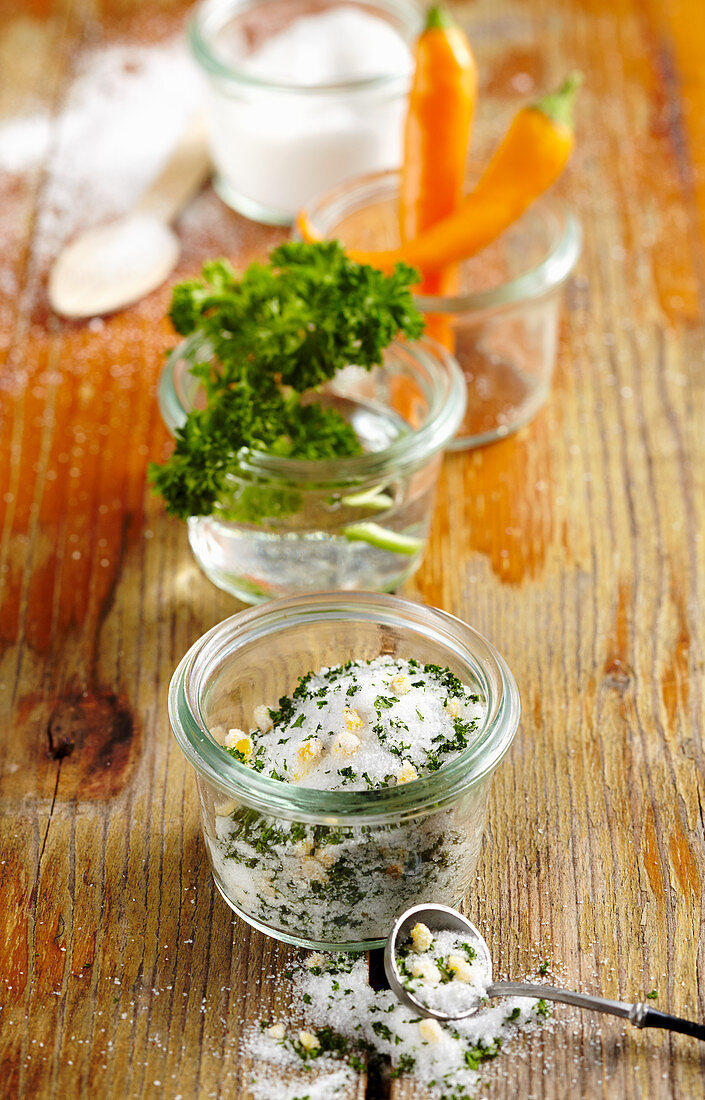 Homemade spicy parsley salt for grilled meat, salad dressings and vegetable dishes