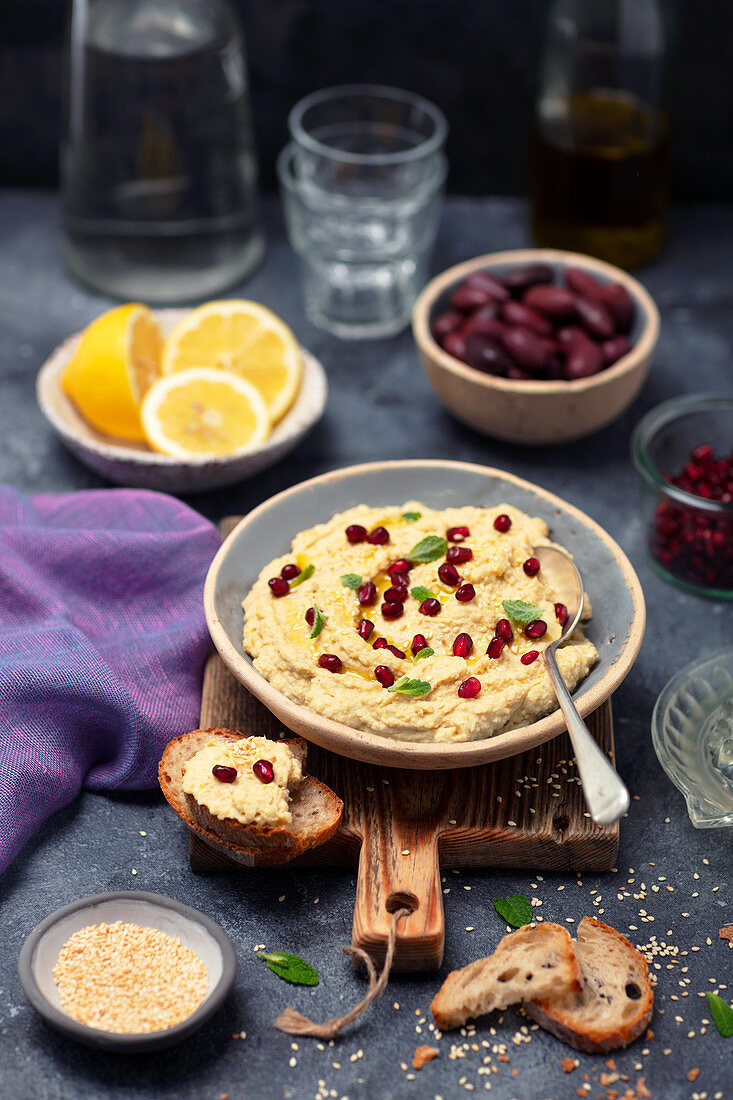 Hummus with pomegranate seeds