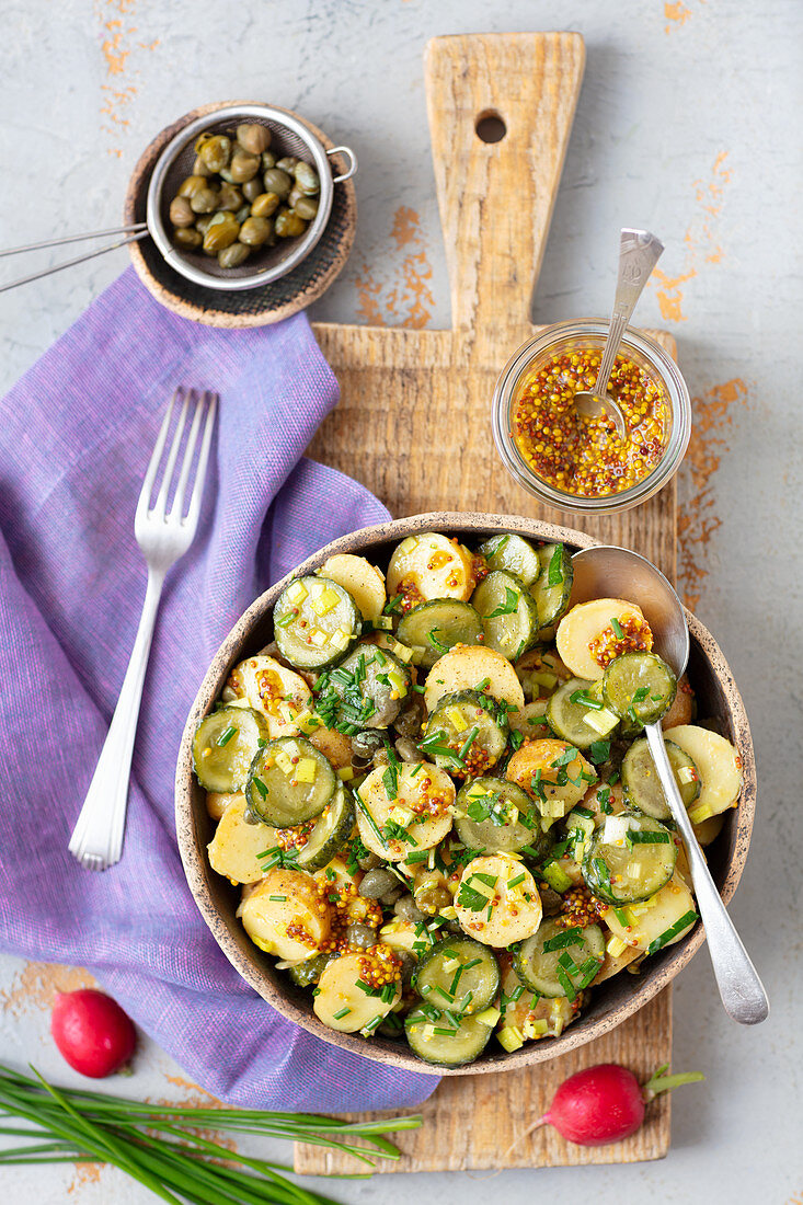 Potatoes and sour cucumber salad with mustard