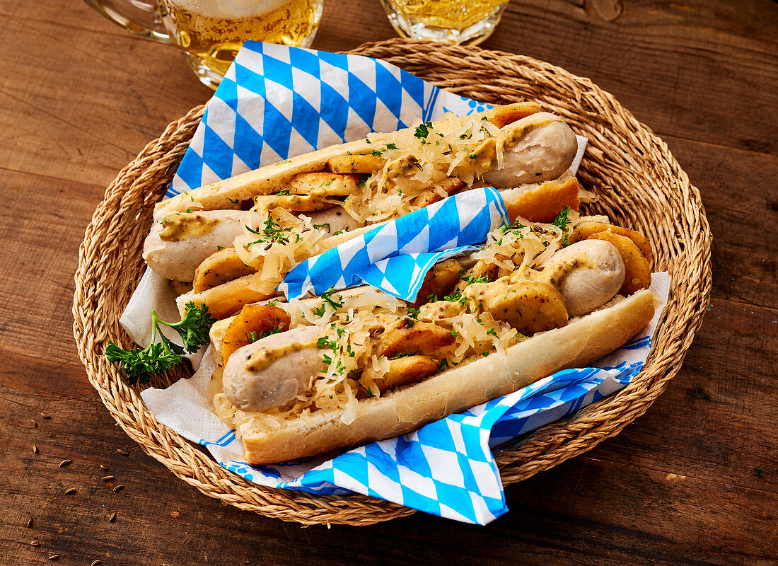 Munich-style hot dogs with sauerkraut slaw and fried potatoes