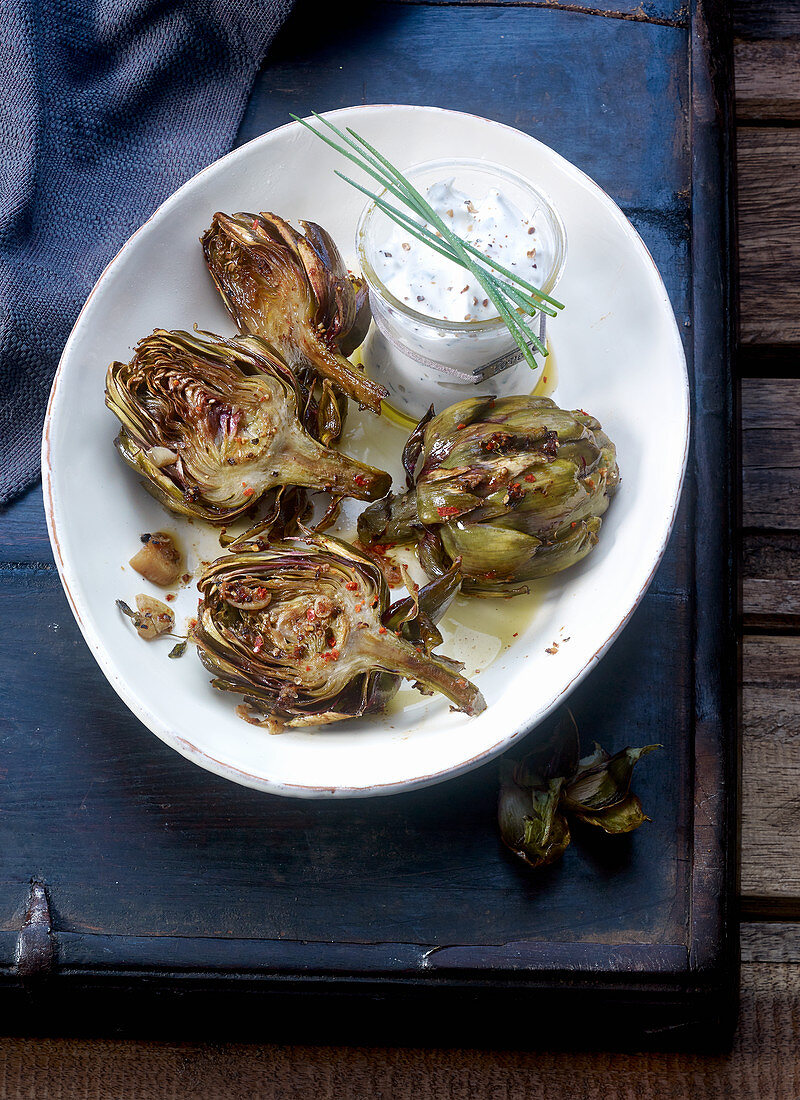 Artichokes with a chive and lemon dip