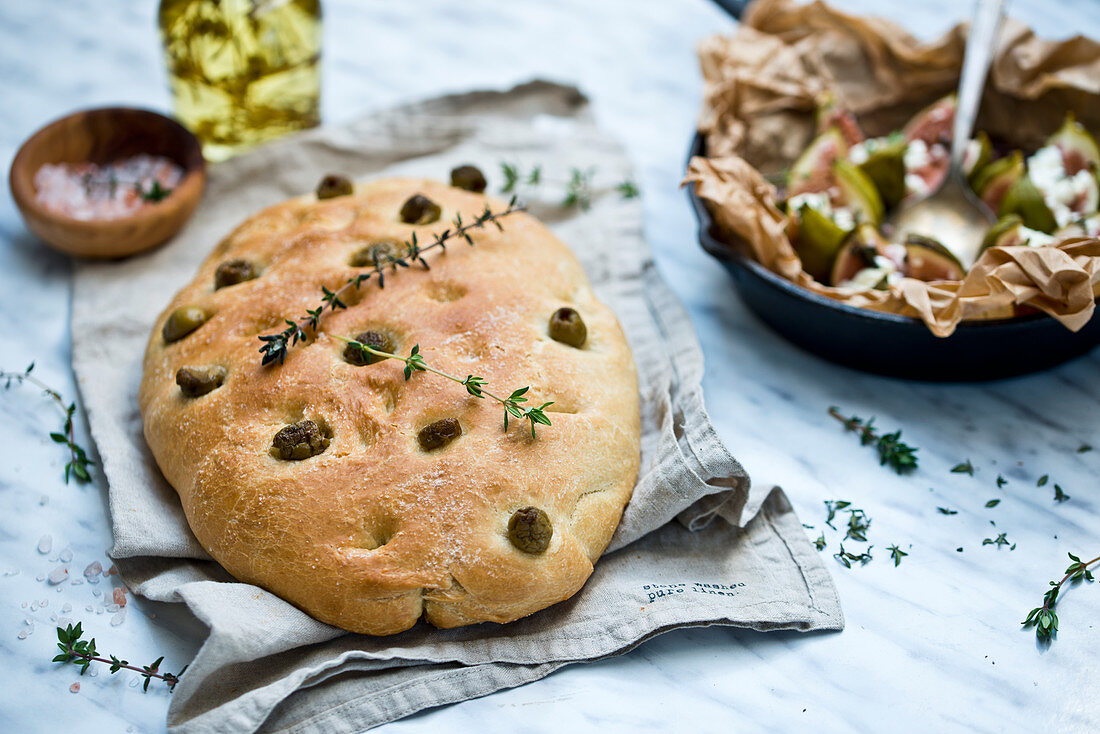 Focaccia with olive and thyme