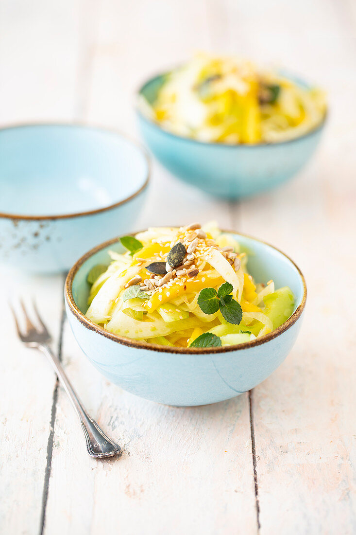 Fennel salad with mango, cucumber, mint and seeds (vegan)