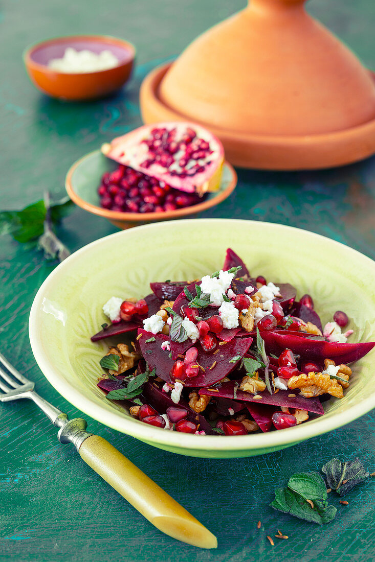 Beetroot salad with feta cheese and pomegranate seeds (vegetarian)