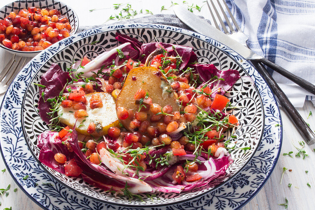 Radiccio salad with roasted pears and pomegranate topping