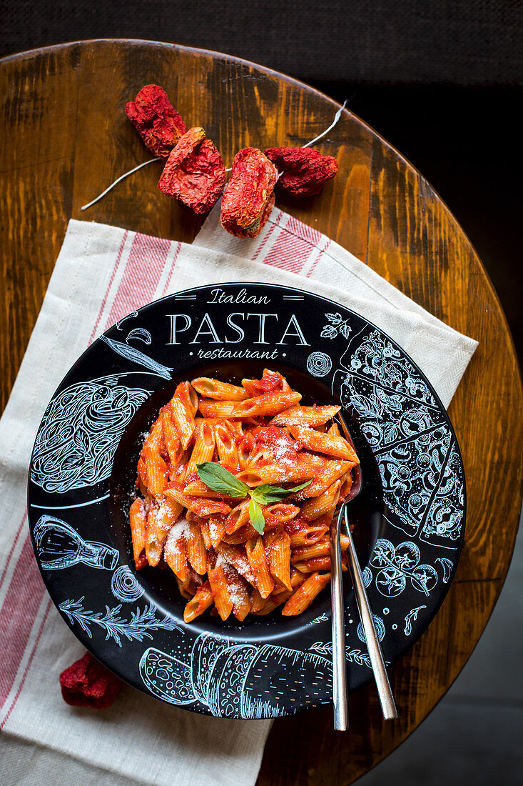Penne pasta with a spicy tomato sauce