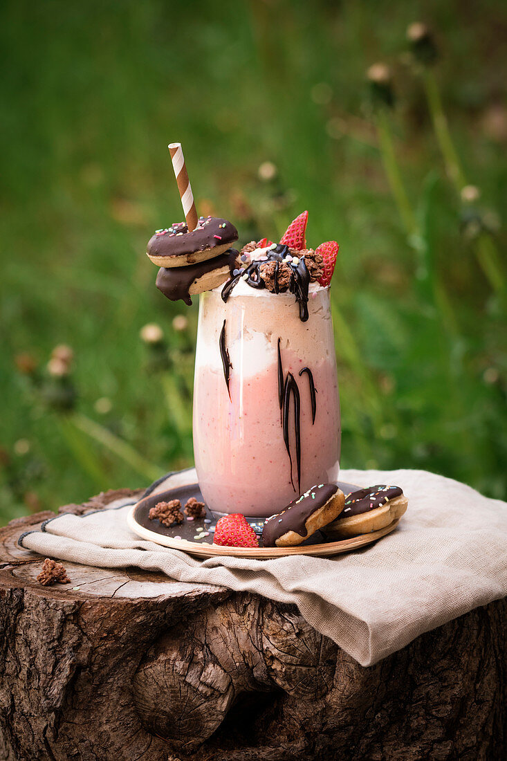 Vegan freakshake made with banana and strawberry ice cream with strawberries and mini doughnuts