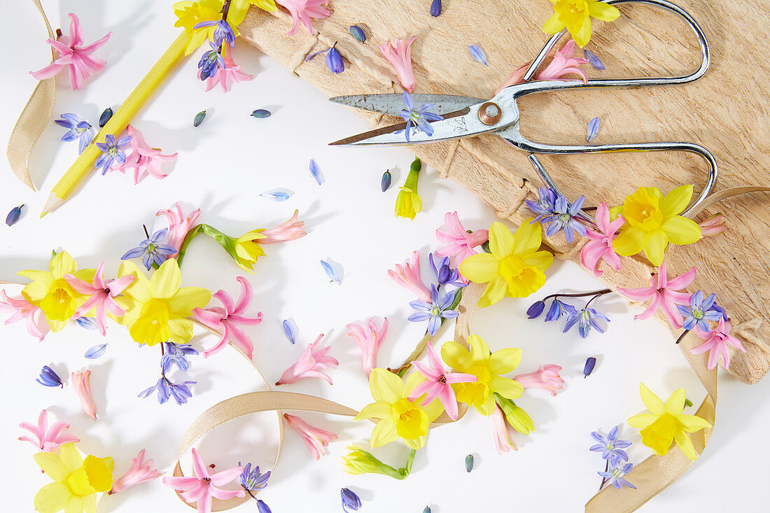 Frühlings-Kollage aus Blüten von Narzisse, Hyazinthe und Blausternchen