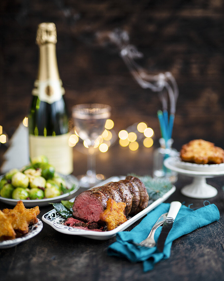 Roast beef with Brussels sprouts and champagne for Christmas