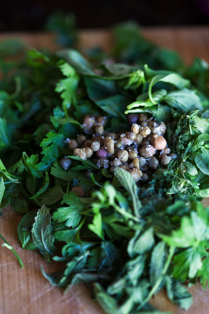 Ingredients for salsa verde with capers