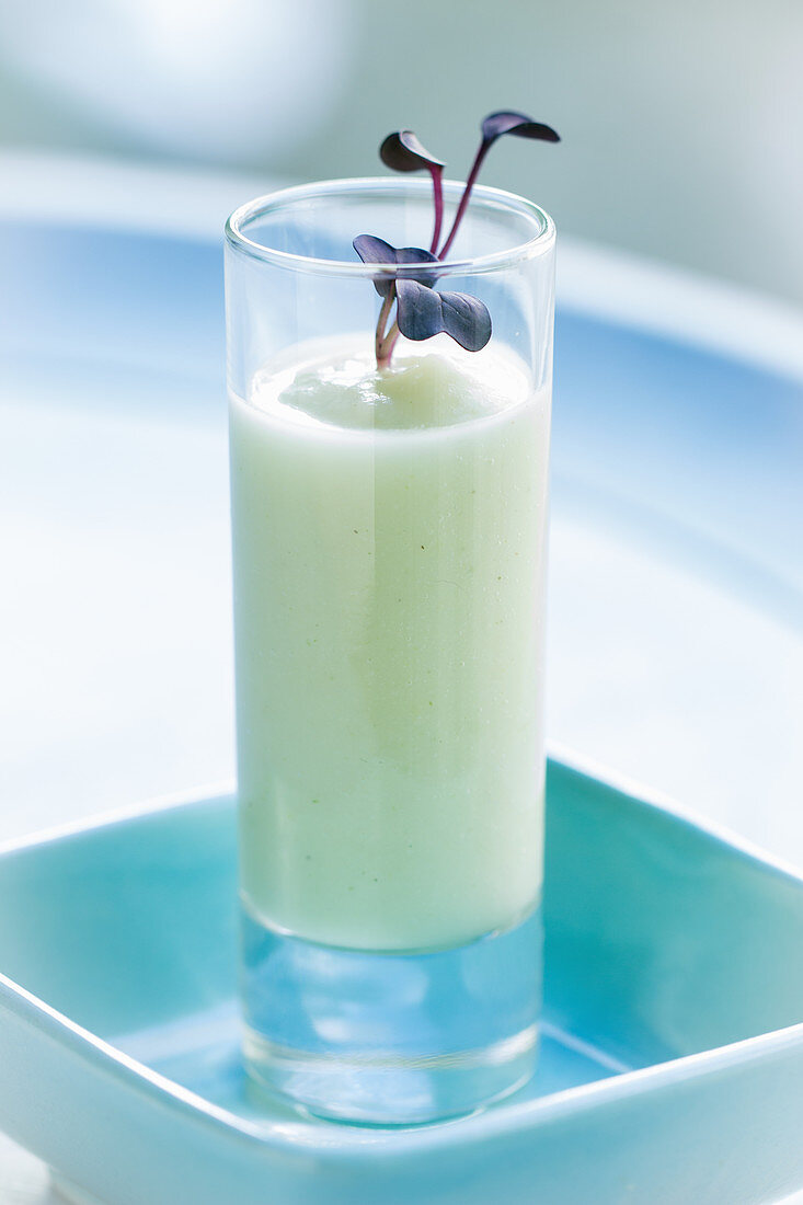 Fennel cream soup with purple cress in a glass against a light blue background