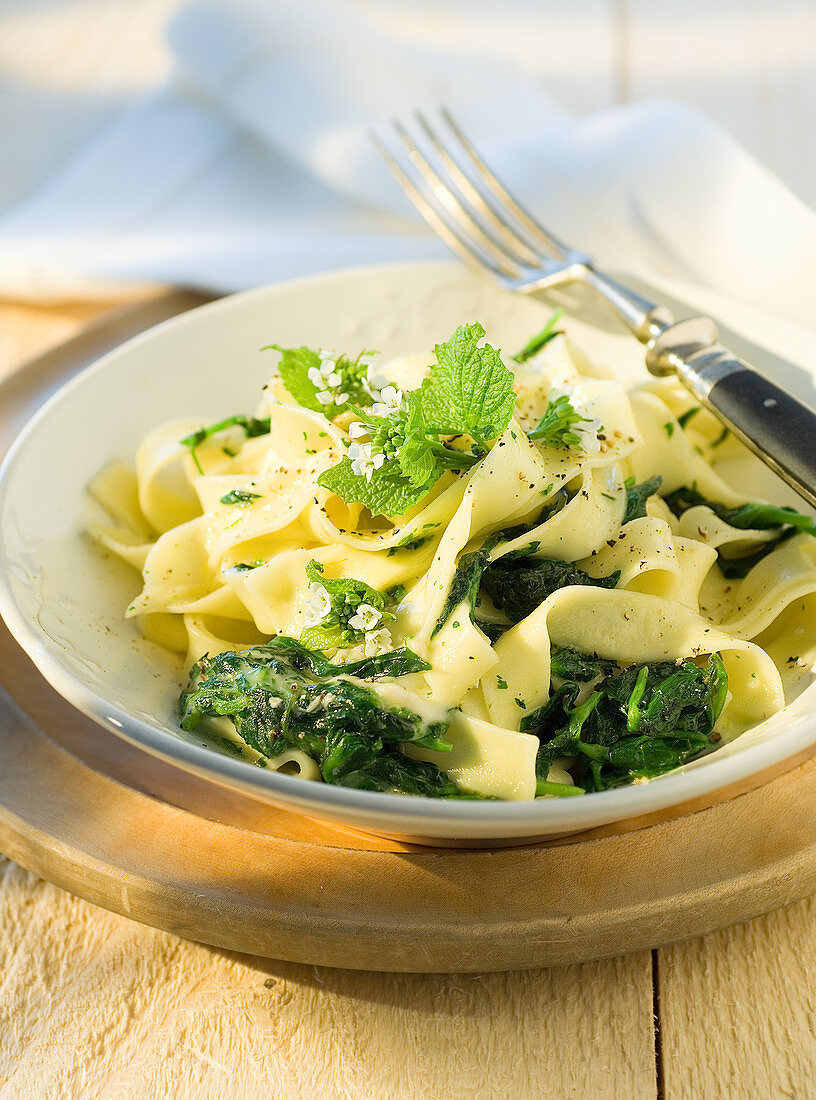 Fettuccine with gorgonzola and wild herbs