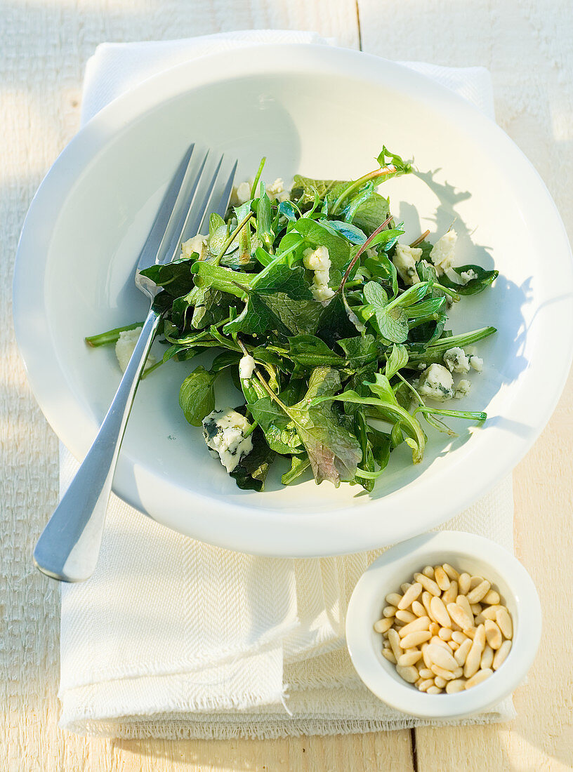 Lambs lettuce and dandelion salad with Roquefort and pine nuts