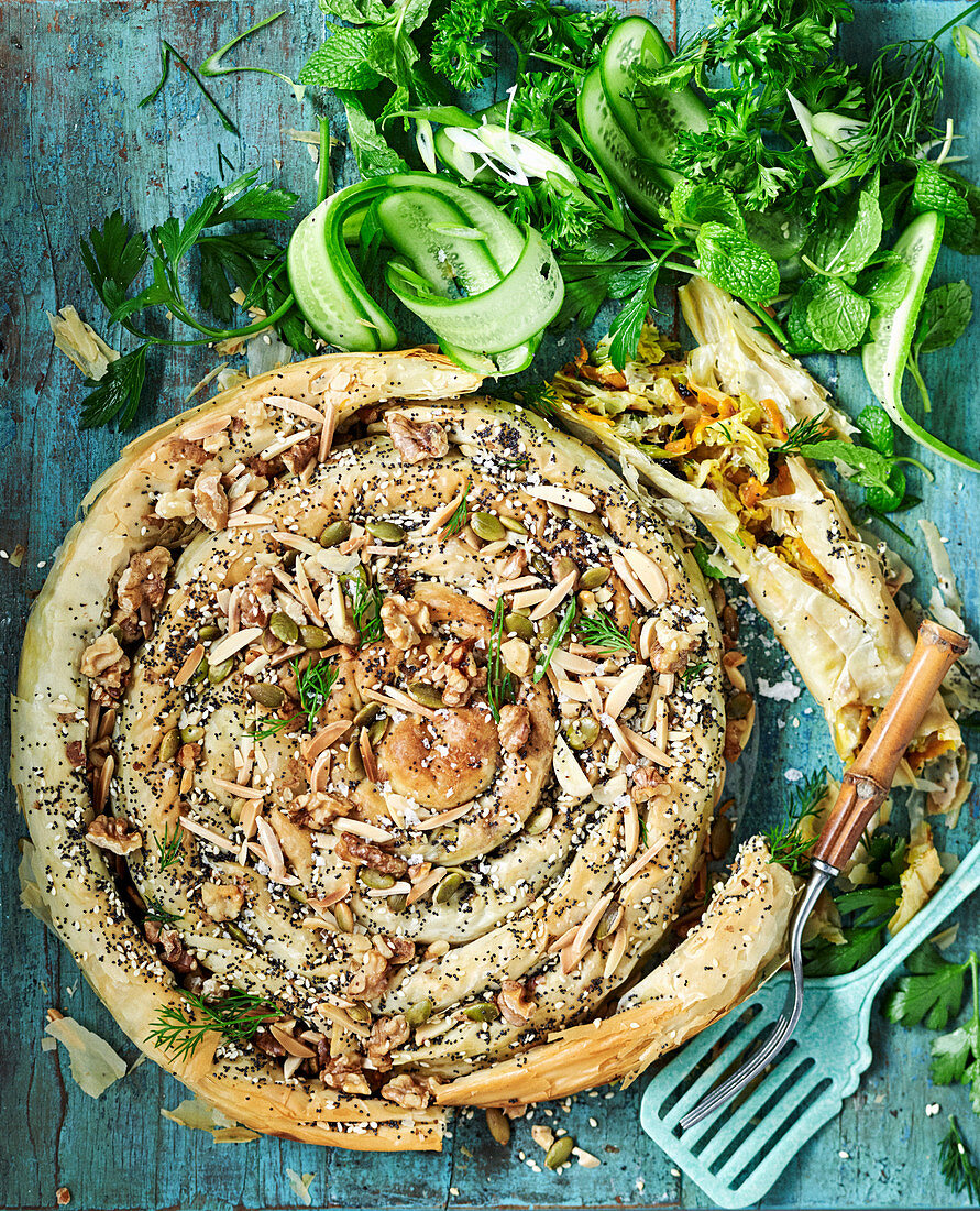 Seeded carrot and cabbage fillo pie