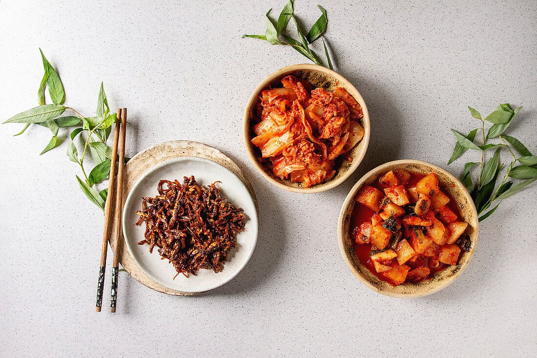 Korean traditional fermented appetizer kimchi cabbage and radish salad, hot spicy anchovies fish snack
