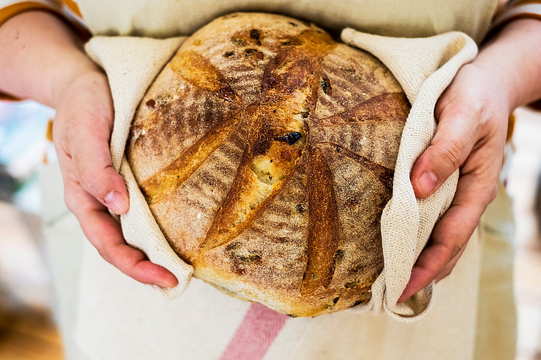 Person holding a freshly baked round loaf of bread