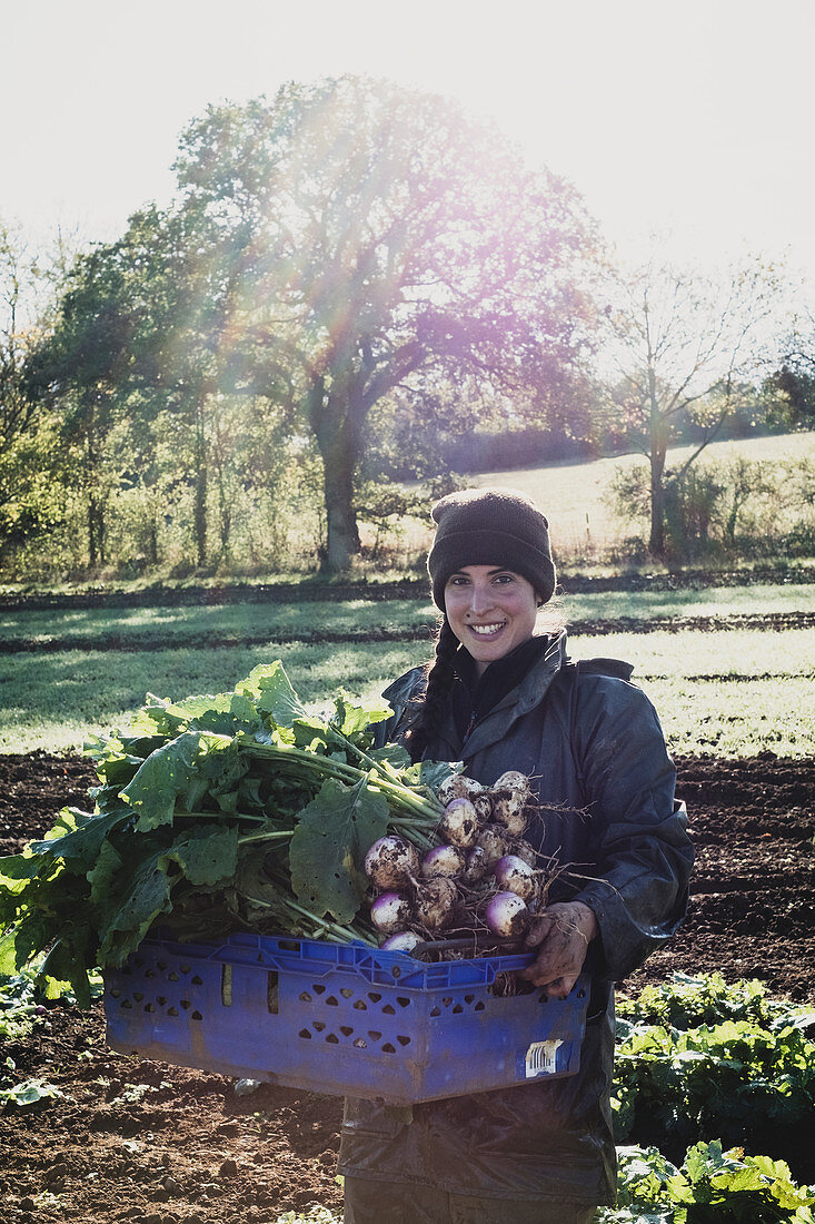Smiling woman standing in field, holding blue crate with freshly harvested turnips
