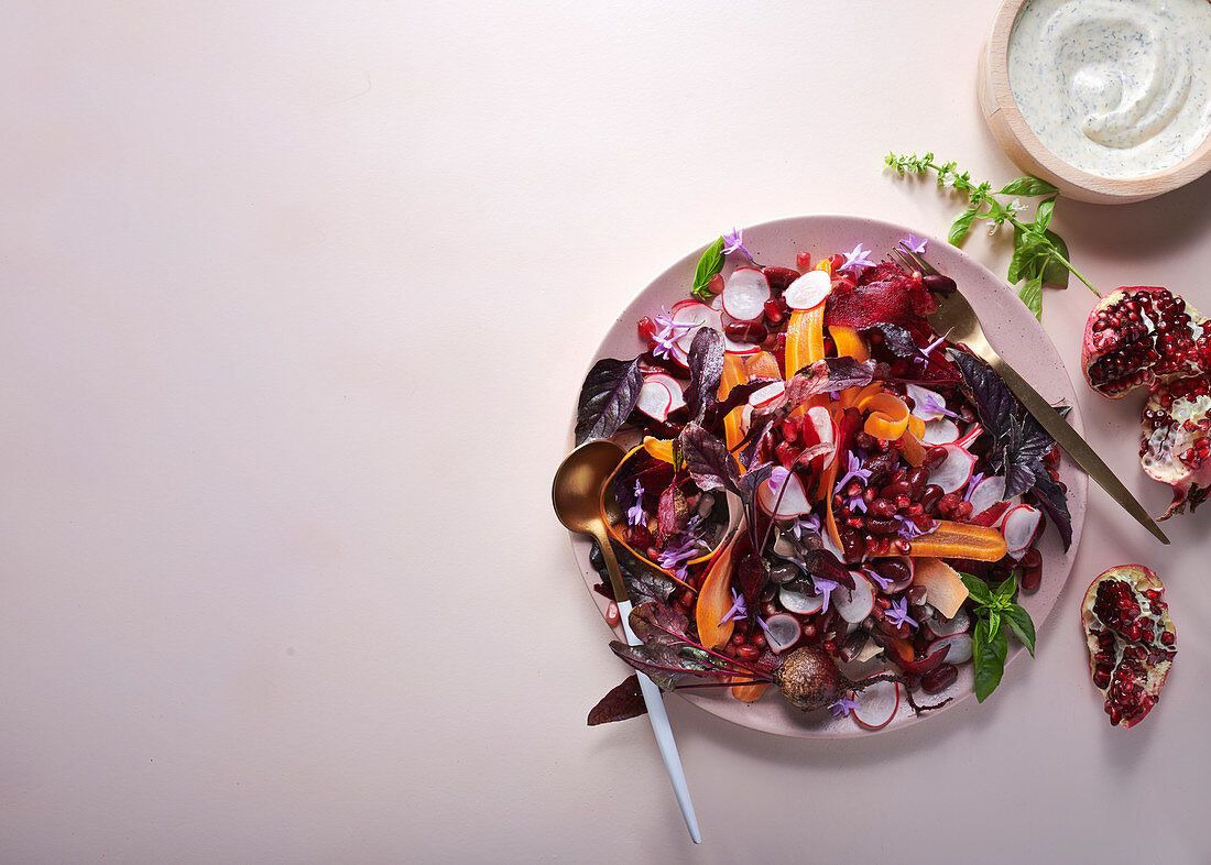 Rote-Bete-Salat mit Möhren, roten Bohnen, Granatapfelkernen und Sauerrahm-Fenchel-Dressing