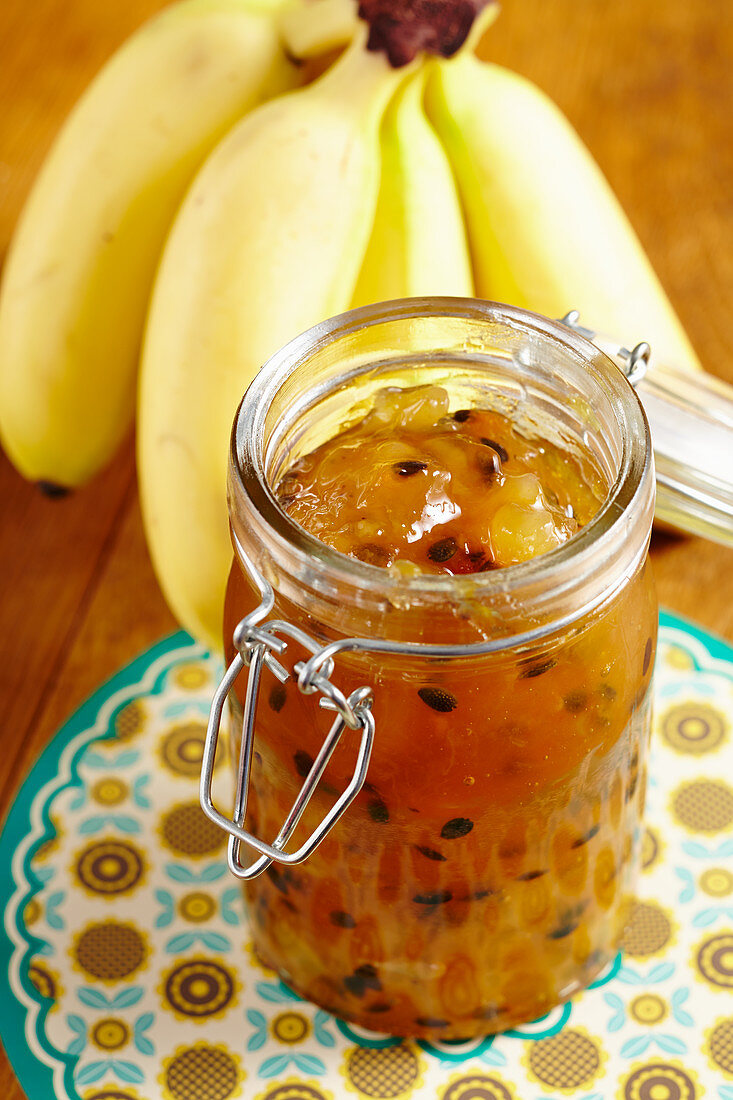 Banana and passion fruit jam in a jar