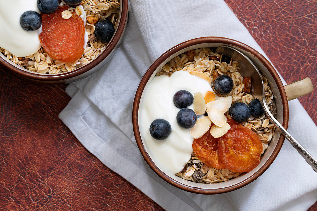 Bircher Müsli mit getrockneten Aprikosen, Blaubeeren und Joghurt