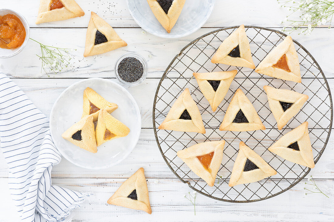 Jewish Hamantash biscuits with poppy and apricot filling