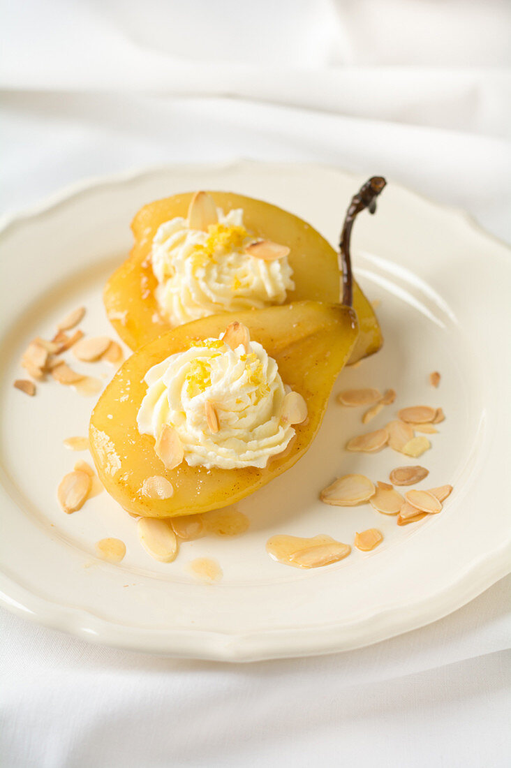 Poached pears with almond cream