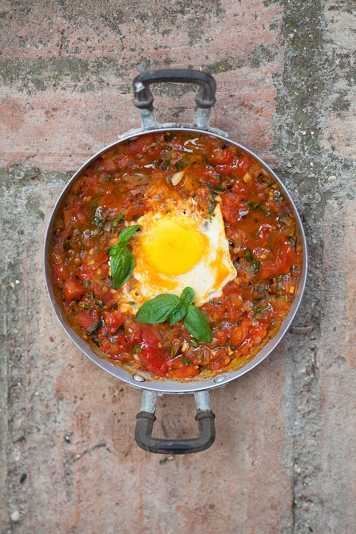 A fried egg in tomato sauce