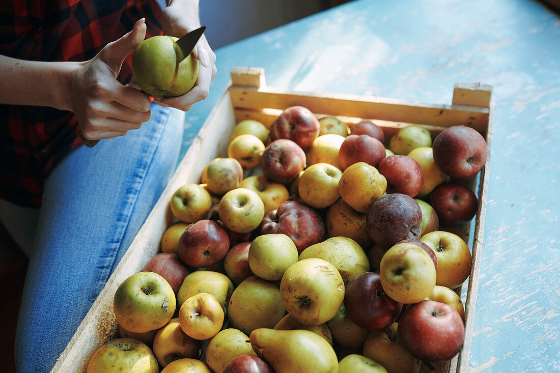 Frau schneidet Äpfel und Birnen