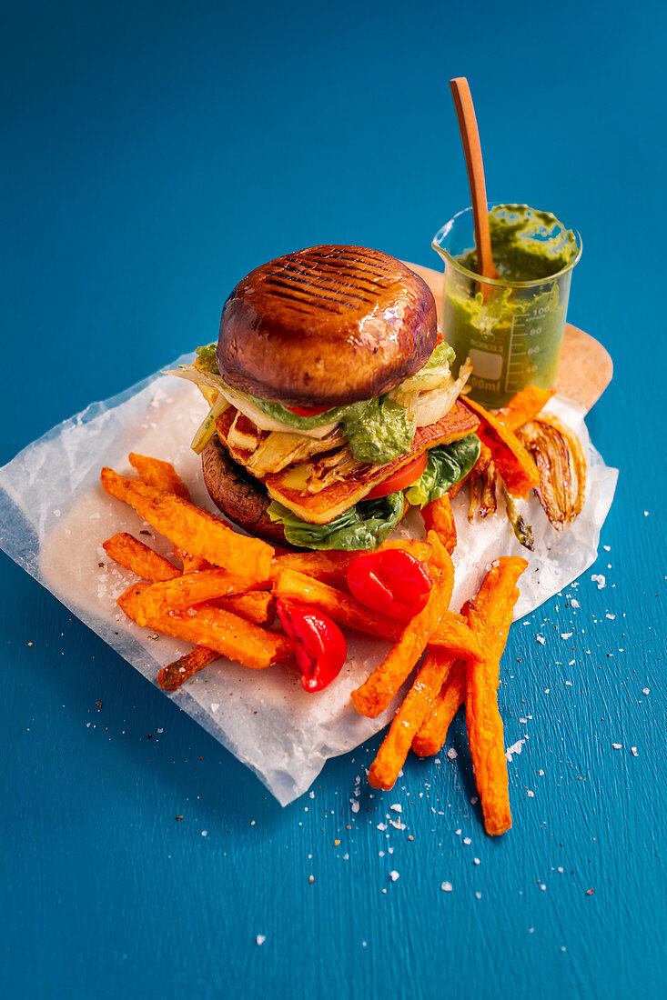 Pilzburger mit Halloumi und Hanfpesto