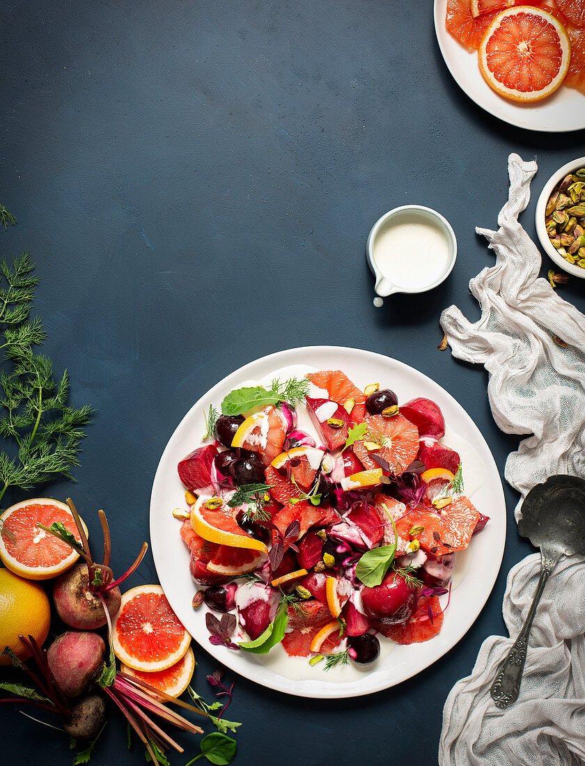 Roasted beetroot and grapefruit salad with goat's cheese crème