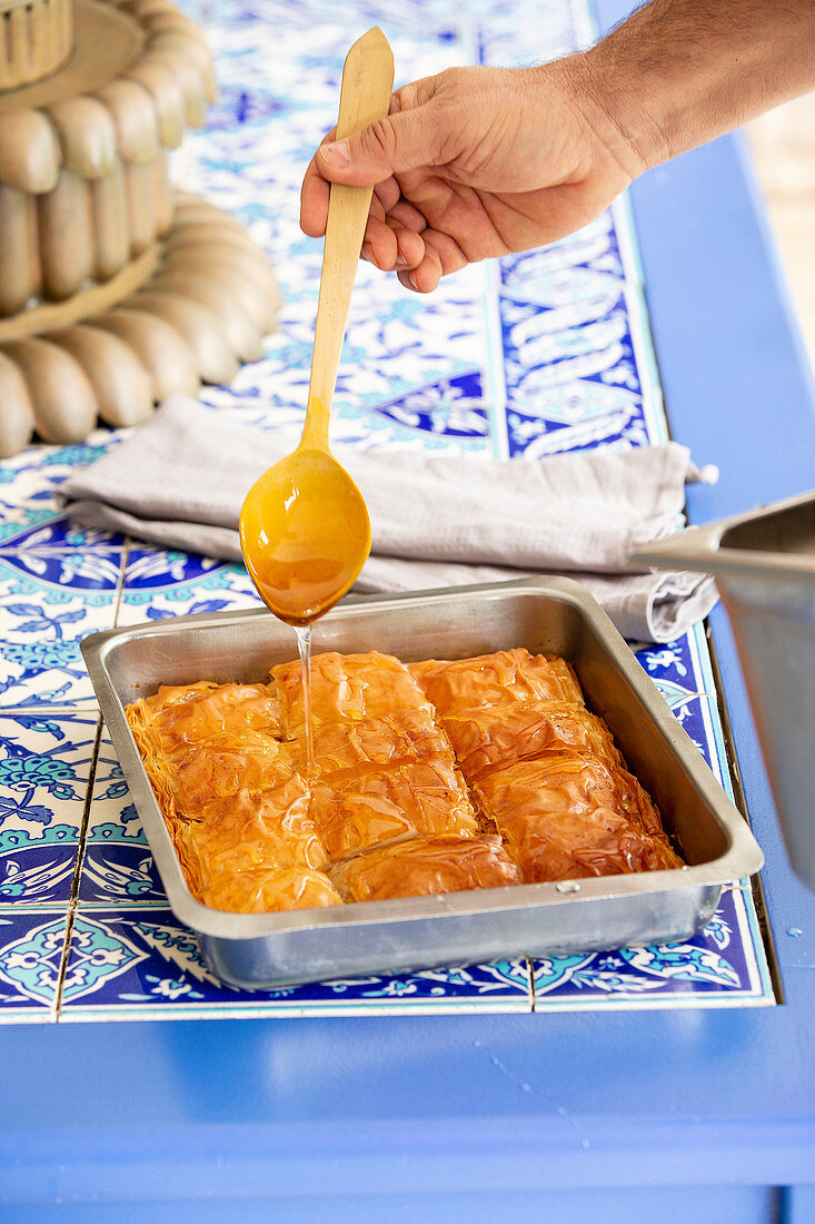 Baklava drizzled with syrup (Turkey)