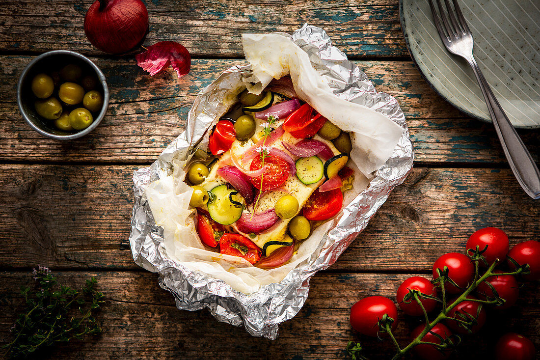 Feta mit Tomaten, Zucchini, Oliven, Zwiebeln und Thymian im Pergamentpapier