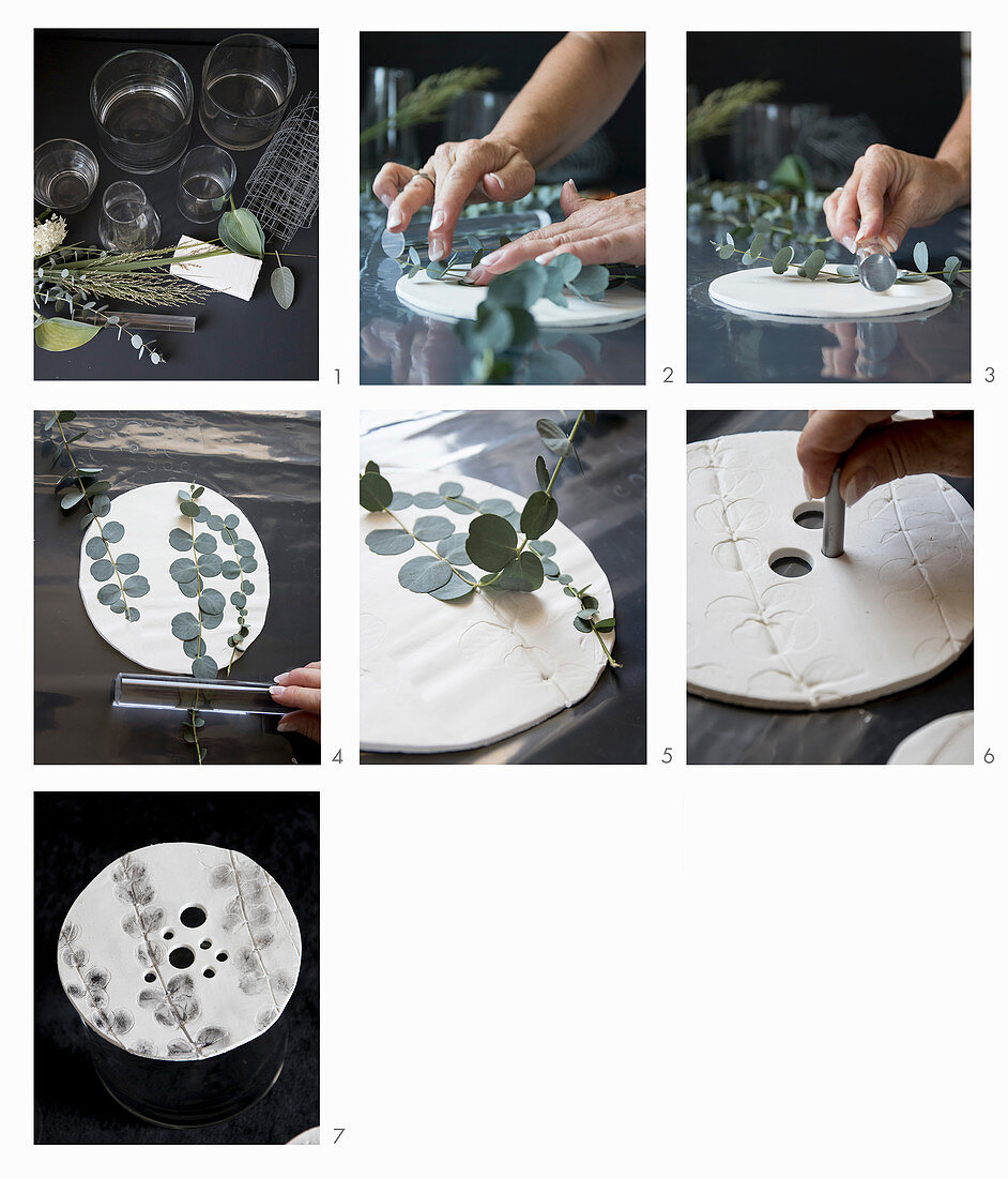 Instructions for making perforated vase lids with leaf motif from modelling clay