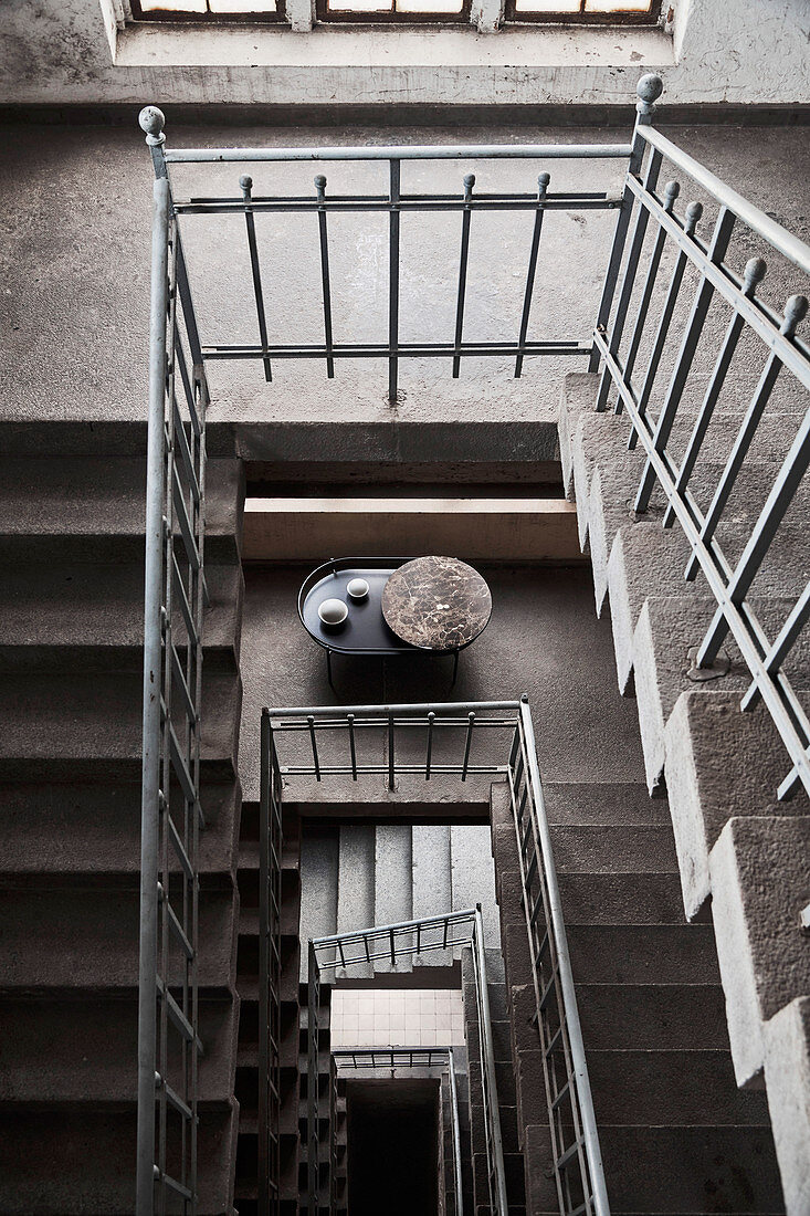 View down through stairwell in old industrial building