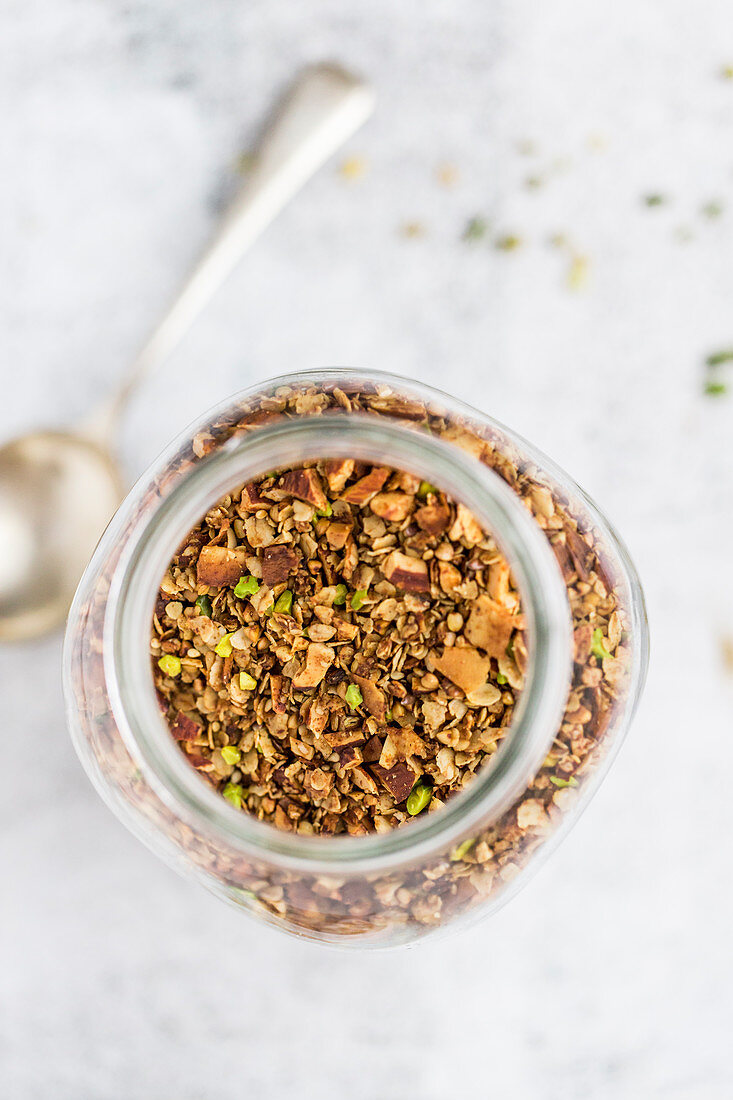 A jar of pistachio granola