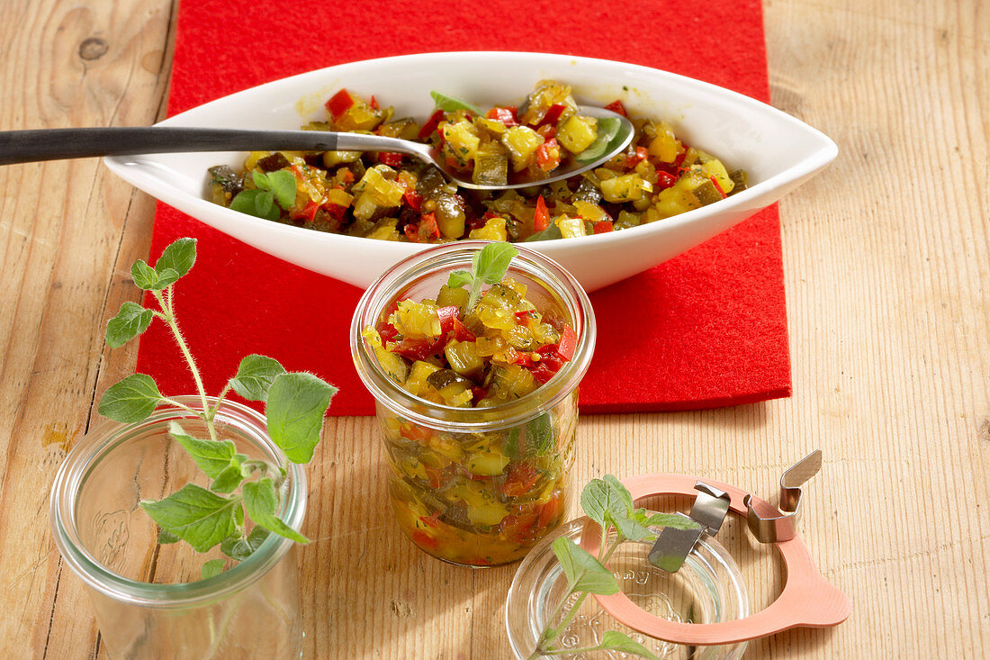 Spicy zucchini chutney with mustard and curry