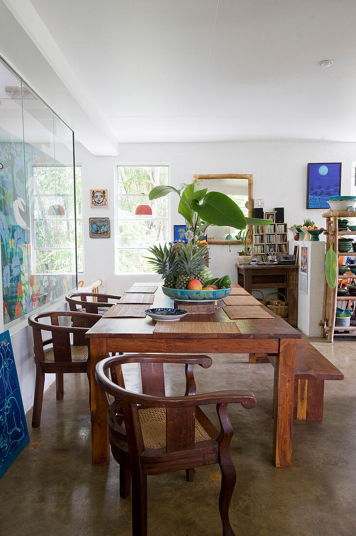 Rustic wooden table in interior of artist's apartment